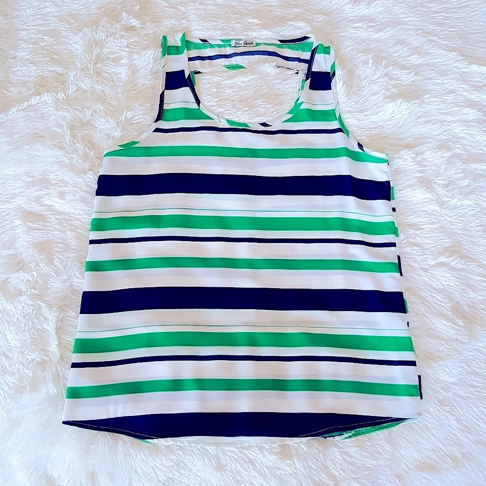 NWOT Woman’s  Large Blue Sketch Sleeveless Blouse White, Navy, and Green Stripe